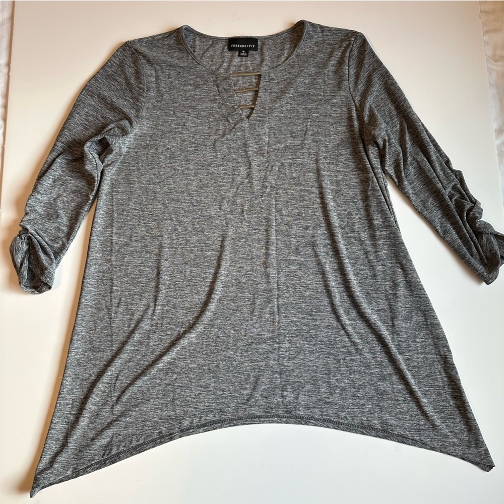 Fortune + Ivy Women’s Top Size M Gray Long Sleeve High Low Hem Stretch Blouse